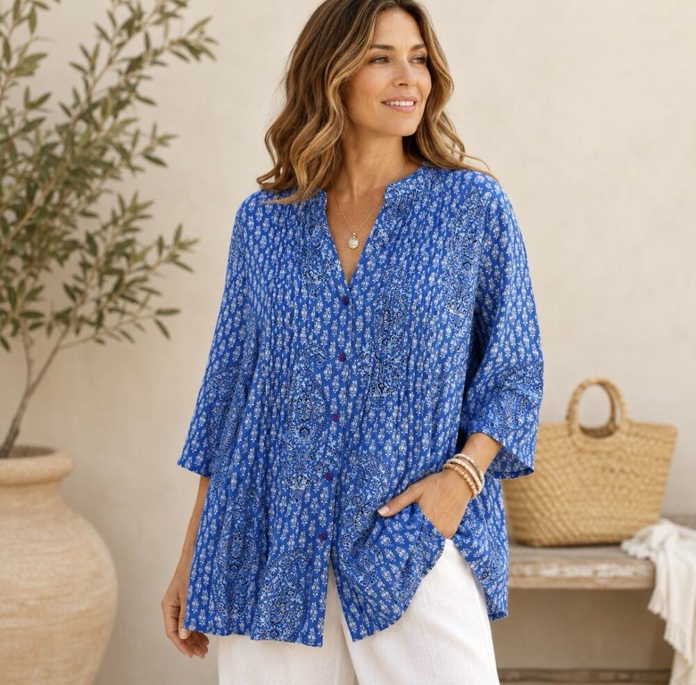 La Cera 3X Blue Paisley Floral Cotton Tunic Top India Pintuck Pockets Boho